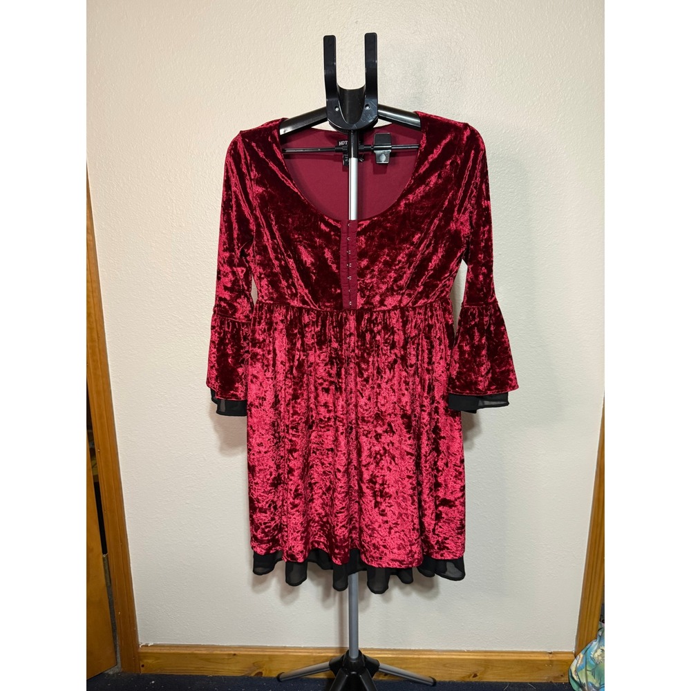 Hot Topic Burgundy Crushed Velvet Bell Sleeve Gothic Empire Waist Dress Medium